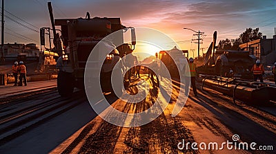 Asphalt, Road rollers working on the new road construction site. Generative Ai Stock Photo