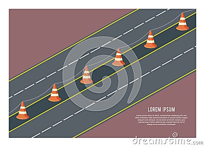 Asphalt road with safety cone separator . Simple flat illustration. Vector Illustration