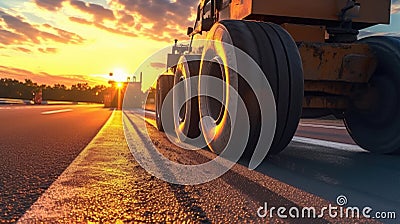 Asphalt, Rollers that rolls a new asphalt in the roadway. Complicated transport movement. Generative Ai Stock Photo