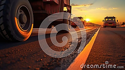 Asphalt, Rollers that rolls a new asphalt in the roadway. Complicated transport movement. Generative Ai Stock Photo