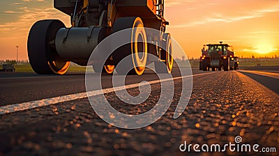 Asphalt, Rollers that rolls a new asphalt in the roadway. Complicated transport movement. Generative Ai Stock Photo