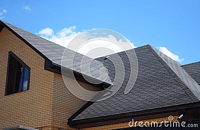 Asphalt shingles roofing construction, repair. Problem Areas for House asphalt shingles Corner Roofing Construction Waterproofing Stock Photo