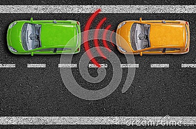 Asphalt with cars on a road with distance sensor and emergence break assistant Stock Photo