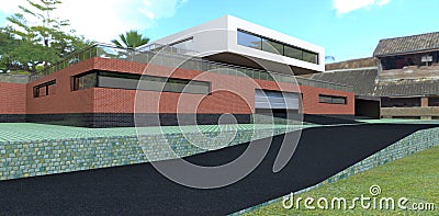 Asphalted entrance to the garage of a new technologically advanced building. Aluminum gate. Wall decoration is carved brick. 3d Cartoon Illustration