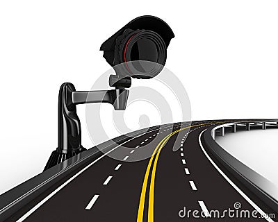 Asphalted road with camera on white Stock Photo
