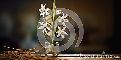 and leaves on wooden table and morning sunlight copy space blurred background Stock Photo