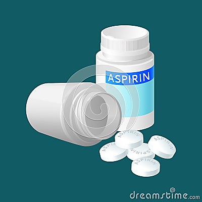 Aspirin pill bottle vector illustration. Medicine remedy in plastic container Vector Illustration