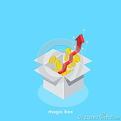 Aspiring red arrow in the up and scattered coins from the white box Vector Illustration