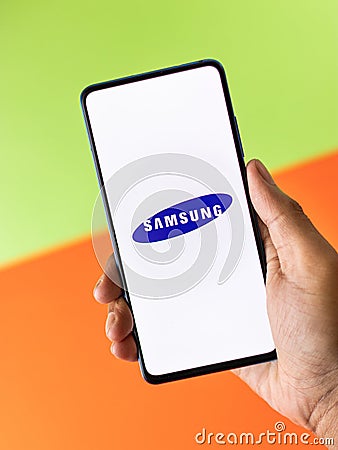 Assam, india - Augest 9, 2020 : Samsung logo on a phone screen stock image. Editorial Stock Photo