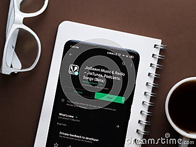 Assam, india - June 09, 2020 : JioSaavn app for music, radio and podcast streaming. Editorial Stock Photo