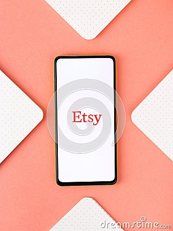 Assam, india - September 18, 2020 : Etsy logo on phone screen stock image. Editorial Stock Photo