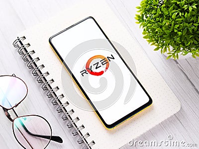 Assam, india - September 24, 2020 : Ryzen logo on phone screen stock image. Editorial Stock Photo