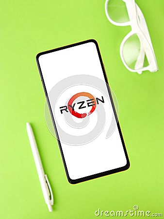 Assam, india - September 24, 2020 : Ryzen logo on phone screen stock image. Editorial Stock Photo