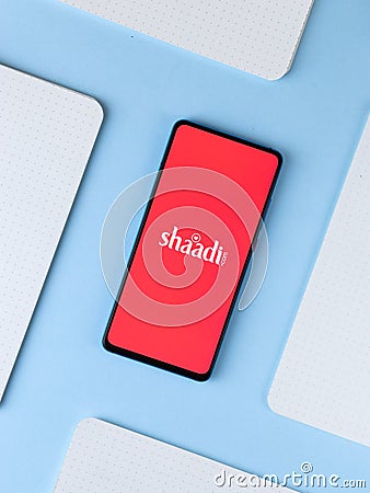 Assam, india - September 6, 2020 : Shaadi logo on phone screen stock image. Editorial Stock Photo