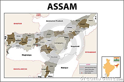Assam map. Political and administrative map of Assam with districts name. Showing International and State boundary and district Vector Illustration