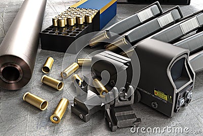 Assault rifle accessories collection Stock Photo