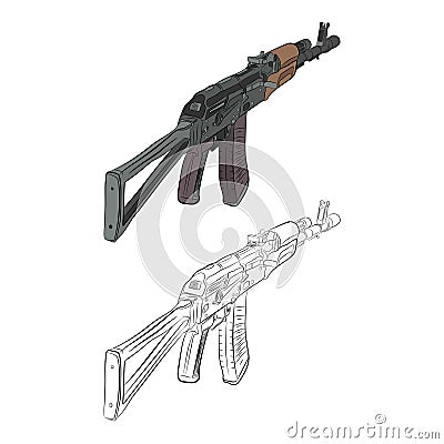 Assault rifle ak 47 contour drawing in pencil Stock Photo