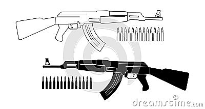 Assault rifle with bullets. Contour. Silhouette Vector Illustration