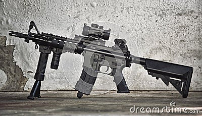 Assault rifle gun, M4A1 weapons and military equipment for army. Stock Photo