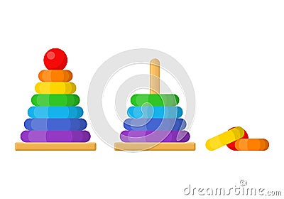 Assembled and disassembled colorful pyramid toy. Building stack up ring tower. Single toddler training educational toy Vector Illustration