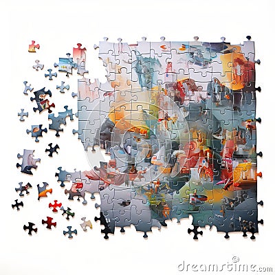 Assembled neurographic puzzle pieces with incomplete sections, vibrant colors, abstract design, white surface Stock Photo