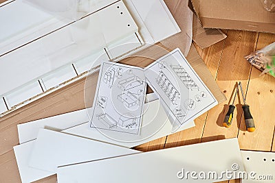 Assembling home furniture, first steps in design and DIV Stock Photo