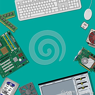 Assembling PC. Personal computer hardware. Vector Illustration