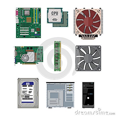 Assembling PC. Personal computer hardware. Vector Illustration