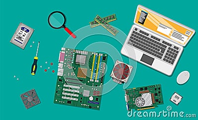 Assembling PC. Personal computer hardware. Vector Illustration