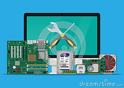 Assembling and service PC. Computer hardware. Vector Illustration