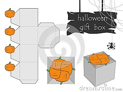 Assembly diagram of simple Halloween gift box. Vector Template for packaging design of pumpkin box Vector Illustration