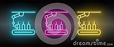 assembly line, conveyor belt, production neon icon set Vector Illustration