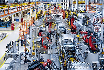 Automotive production line. Welding car body. Modern car Assembly plant Stock Photo