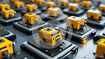 An assembly line of small robots collaborating in harmony their sleek designs enhancing efficiency while assembling Stock Photo