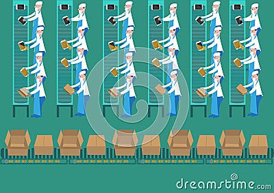 Assembly Plant Workers assembles a tablet computer in a routine manner. Editable Clip Art. Vector Illustration