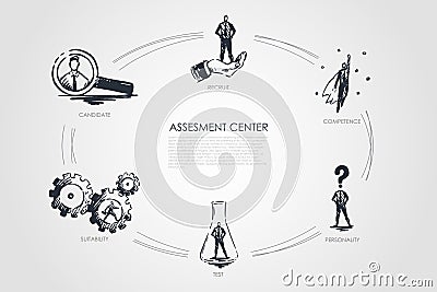 Assesment center - competence, test, personality, suitability, recruit set concept. Vector Illustration