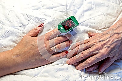 assessment of the respiratory system function. Measurement of blood saturation and pulse with a pulse oximeter. health and Stock Photo