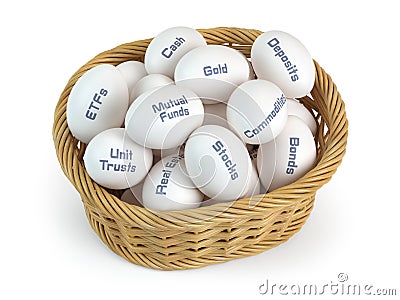 Asset allocation, investment divesifacation and put all eggs in one basket concept. Basket and eggs with different financial Cartoon Illustration