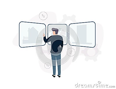 Asset Management. Illustration of a man standing near the screens on which the house, diagram, data, on the background Vector Illustration