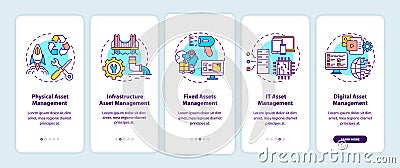 Asset management types onboarding mobile app page screen with concepts Cartoon Illustration