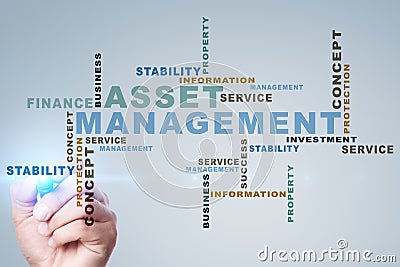 Asset management on the virtual screen. Business concept. Words cloud. Stock Photo