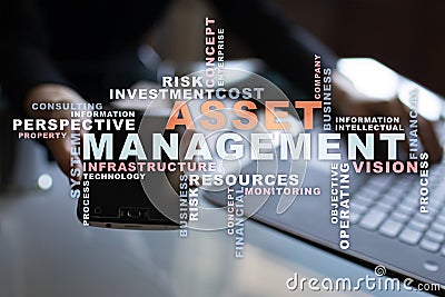 Asset management on the virtual screen. Business concept. Words cloud. Stock Photo