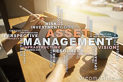 Asset management on the virtual screen. Business concept. Words cloud. Stock Photo