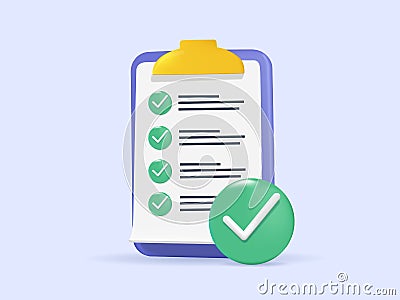 Assignment done icon. Clipboard, checklist symbol. 3d vector illustration. Clipboard with checklist icon. Vector Illustration