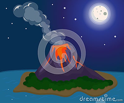 Assignment file : Volcano eruption lava island night moon Vector Illustration