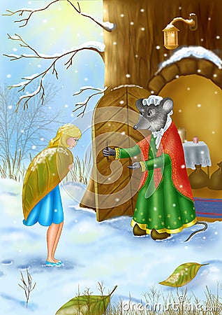 The mouse rescues Thumbelina in the winter from cold. Winter nature Stock Photo