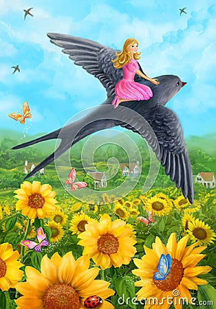 swallow rescues Thumbelina. Summer nature. sunflower Stock Photo