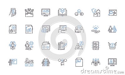 Assignment line icons collection. Project, Homework, Task, Essay, Presentation, Research, Report vector and linear Vector Illustration