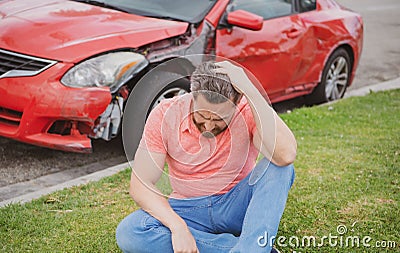The assistance car broke down, driver shocked. Car insurance. Road trip problems and assistance concepts. Stock Photo