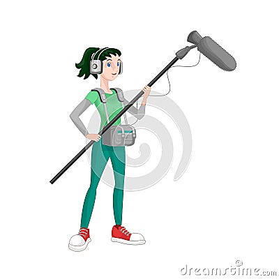 Assistant cameraman, film crew, sound recorder. Cartoon vector illustration. Cartoon Illustration